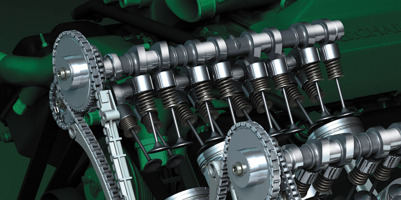 Valve train internals — camshaft and valve gear